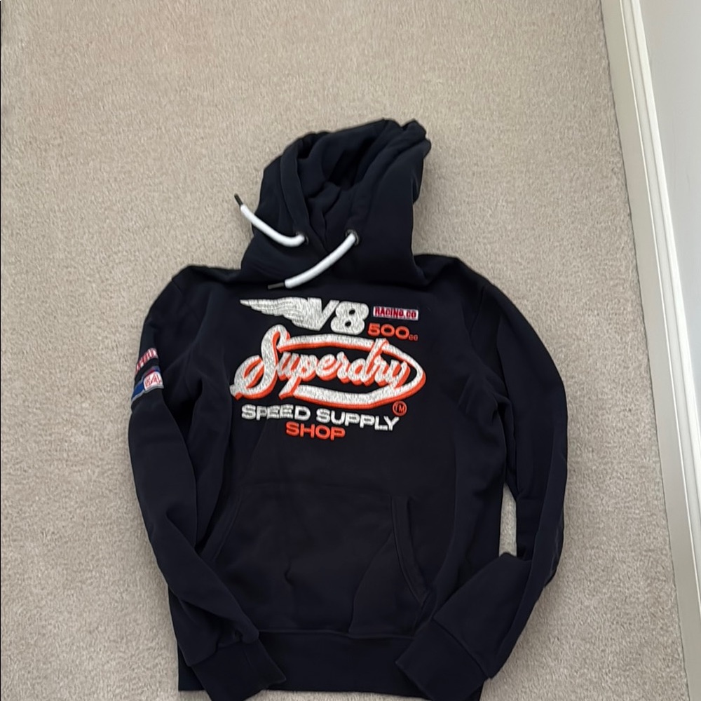 Superdry Black Hoodie with Red and White Logo